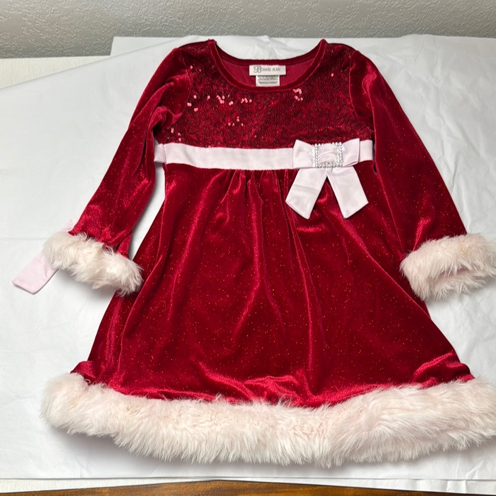Red Velvet Holiday Dress with White Fur Trim